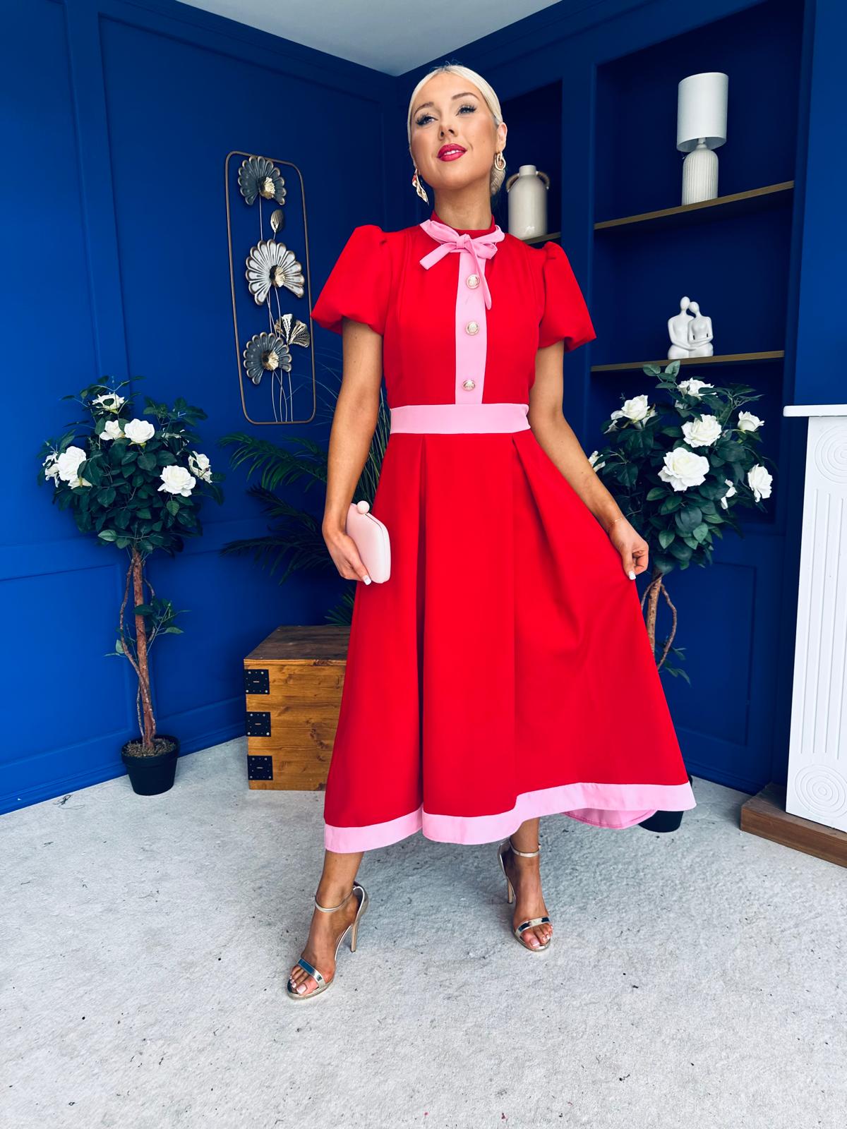 Vicky Puff Sleeve Occasion Midi Dress Red