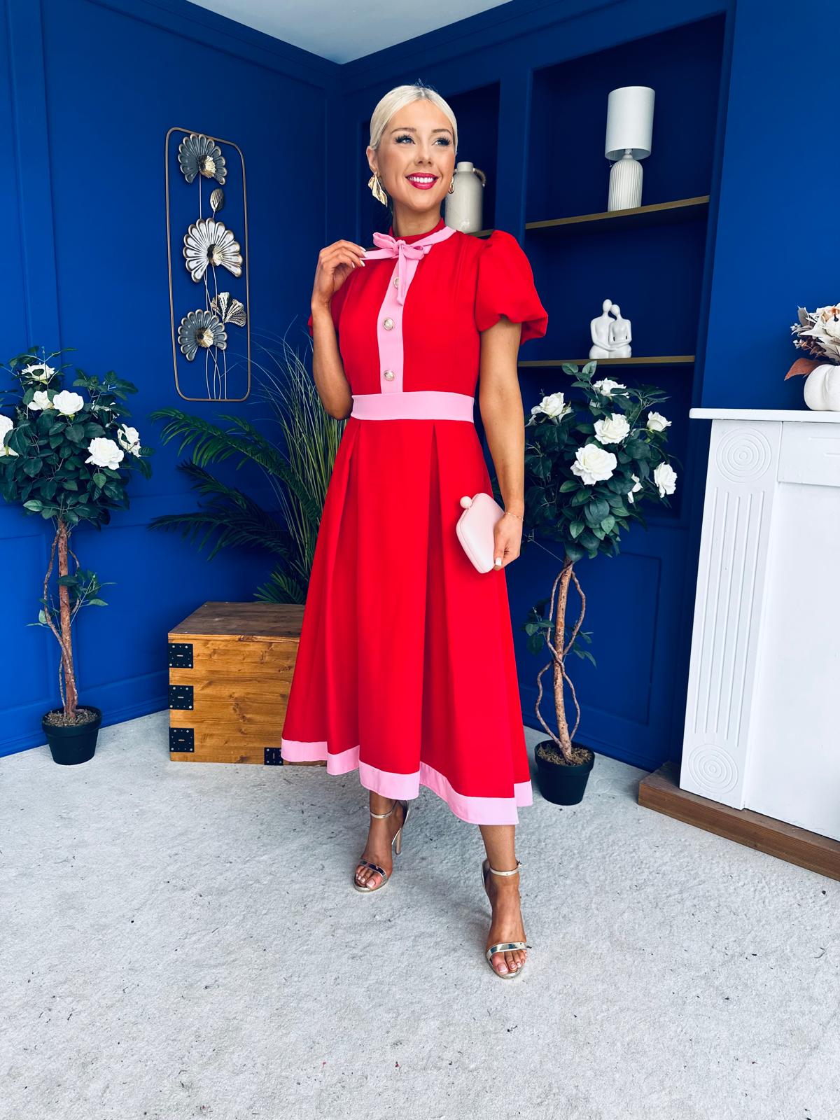 Vicky Puff Sleeve Occasion Midi Dress Red