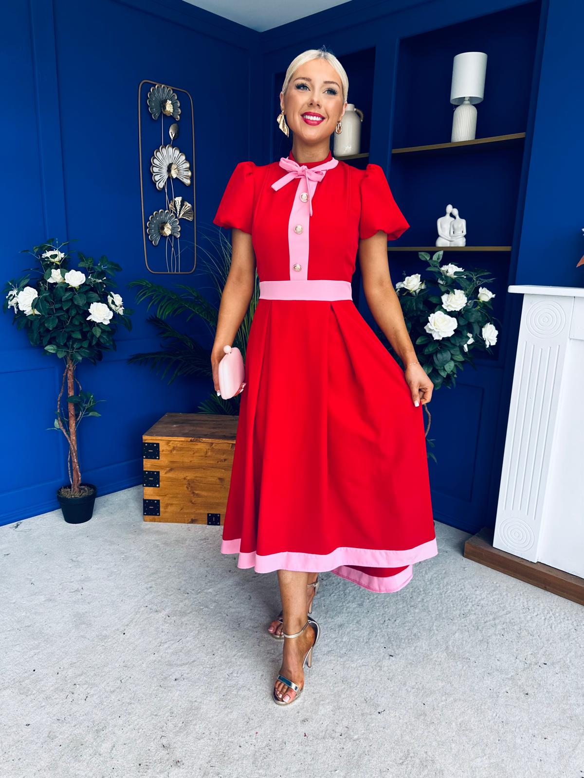 Vicky Puff Sleeve Occasion Midi Dress Red