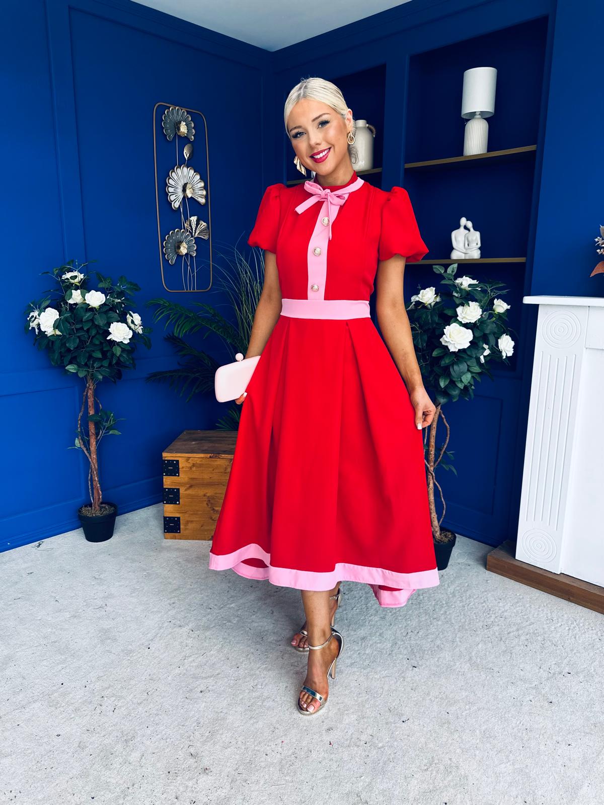 Vicky Puff Sleeve Occasion Midi Dress Red