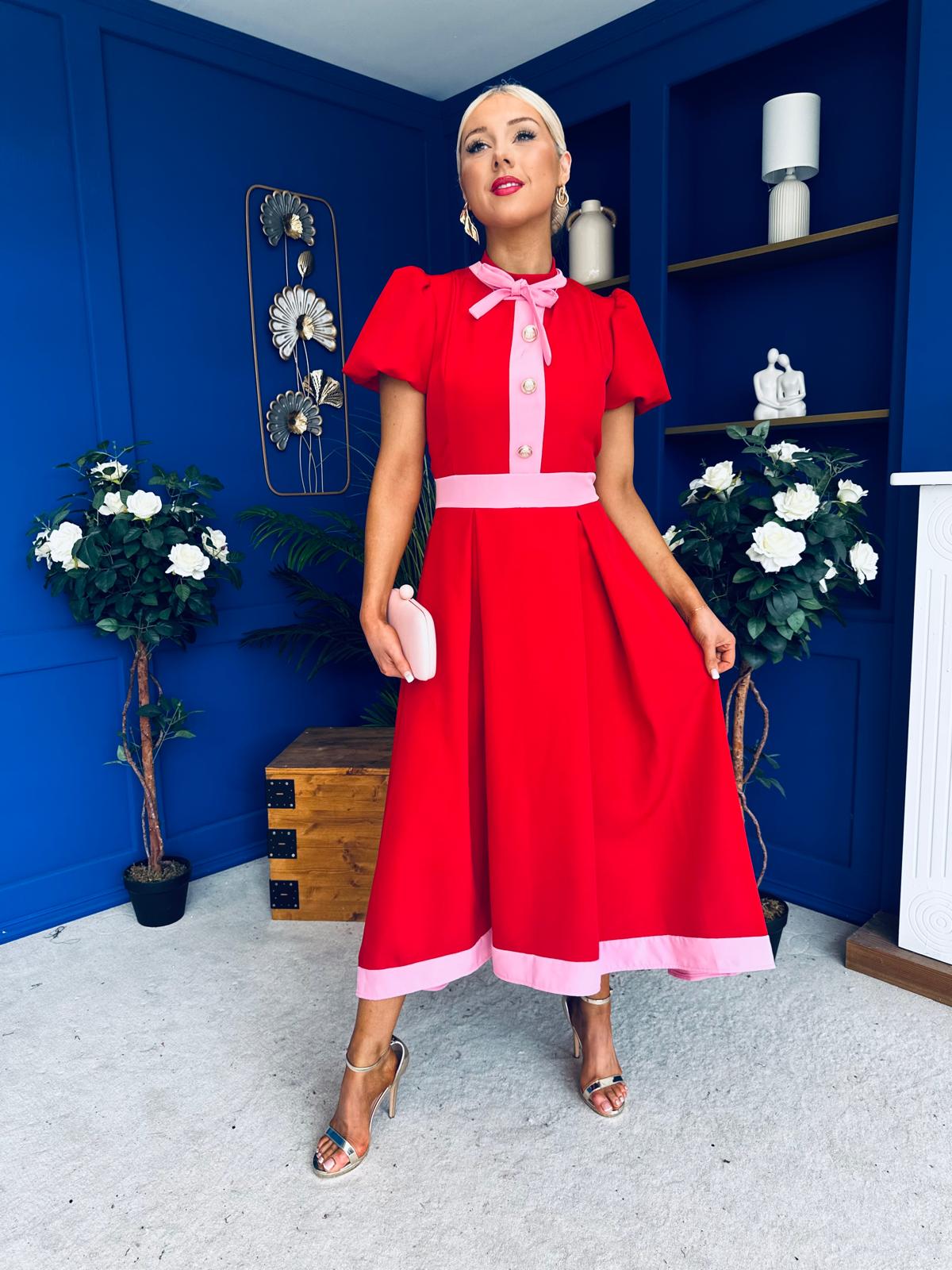 Vicky Puff Sleeve Occasion Midi Dress Red