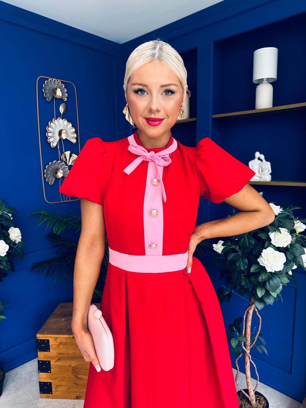 Vicky Puff Sleeve Occasion Midi Dress Red