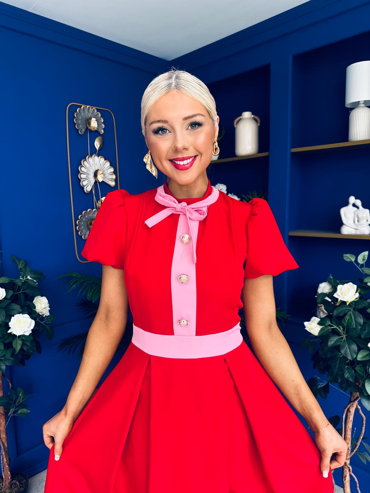 Vicky Puff Sleeve Occasion Midi Dress Red