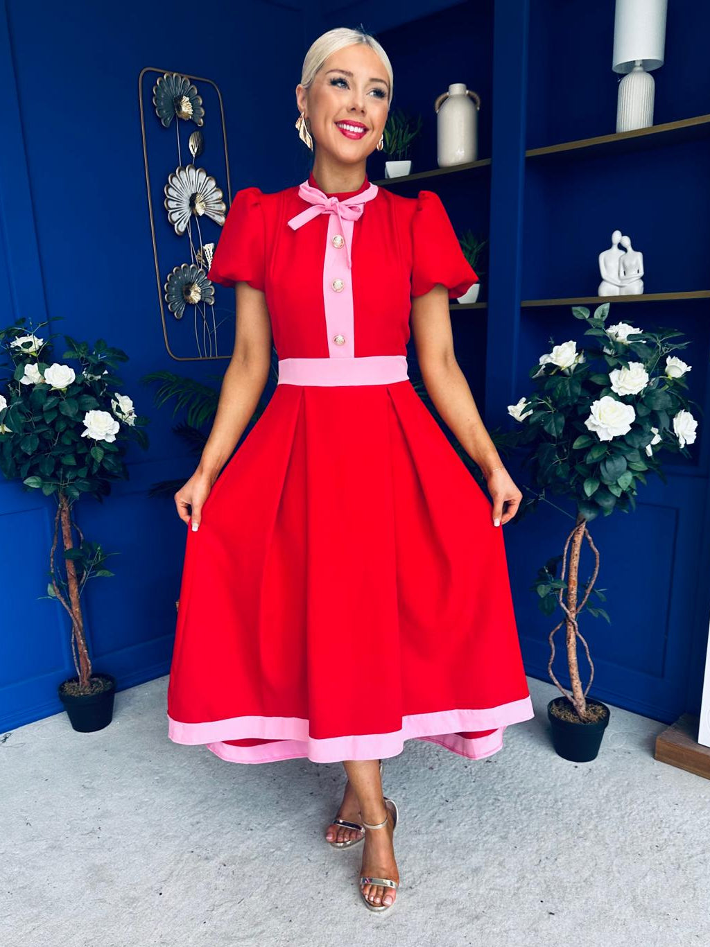 Vicky Puff Sleeve Occasion Midi Dress Red