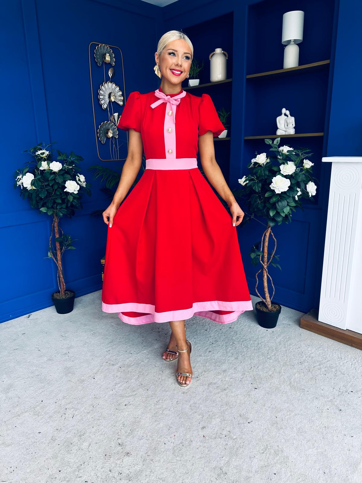 Vicky Puff Sleeve Occasion Midi Dress Red