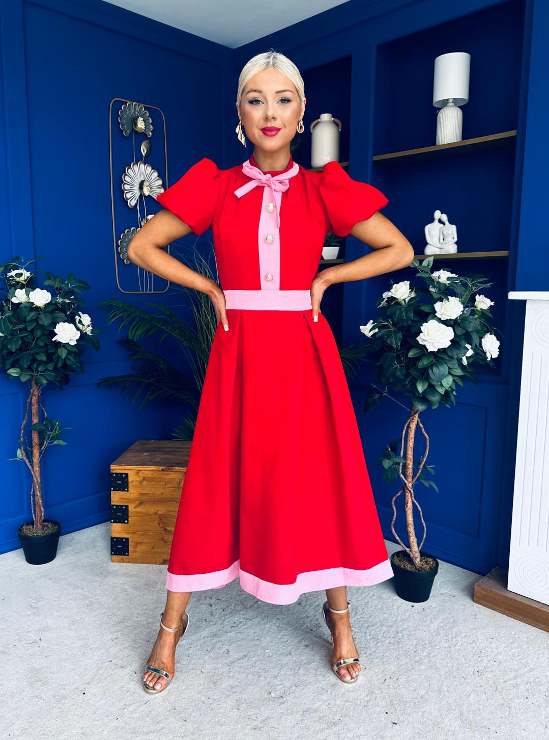 Vicky Puff Sleeve Occasion Midi Dress Red