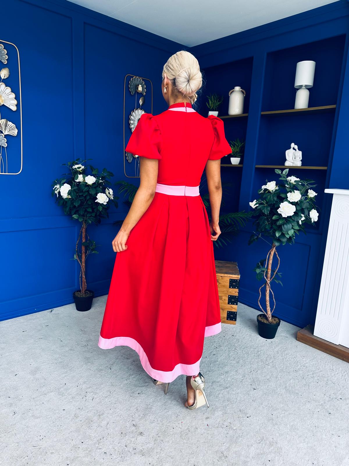 Vicky Puff Sleeve Occasion Midi Dress Red