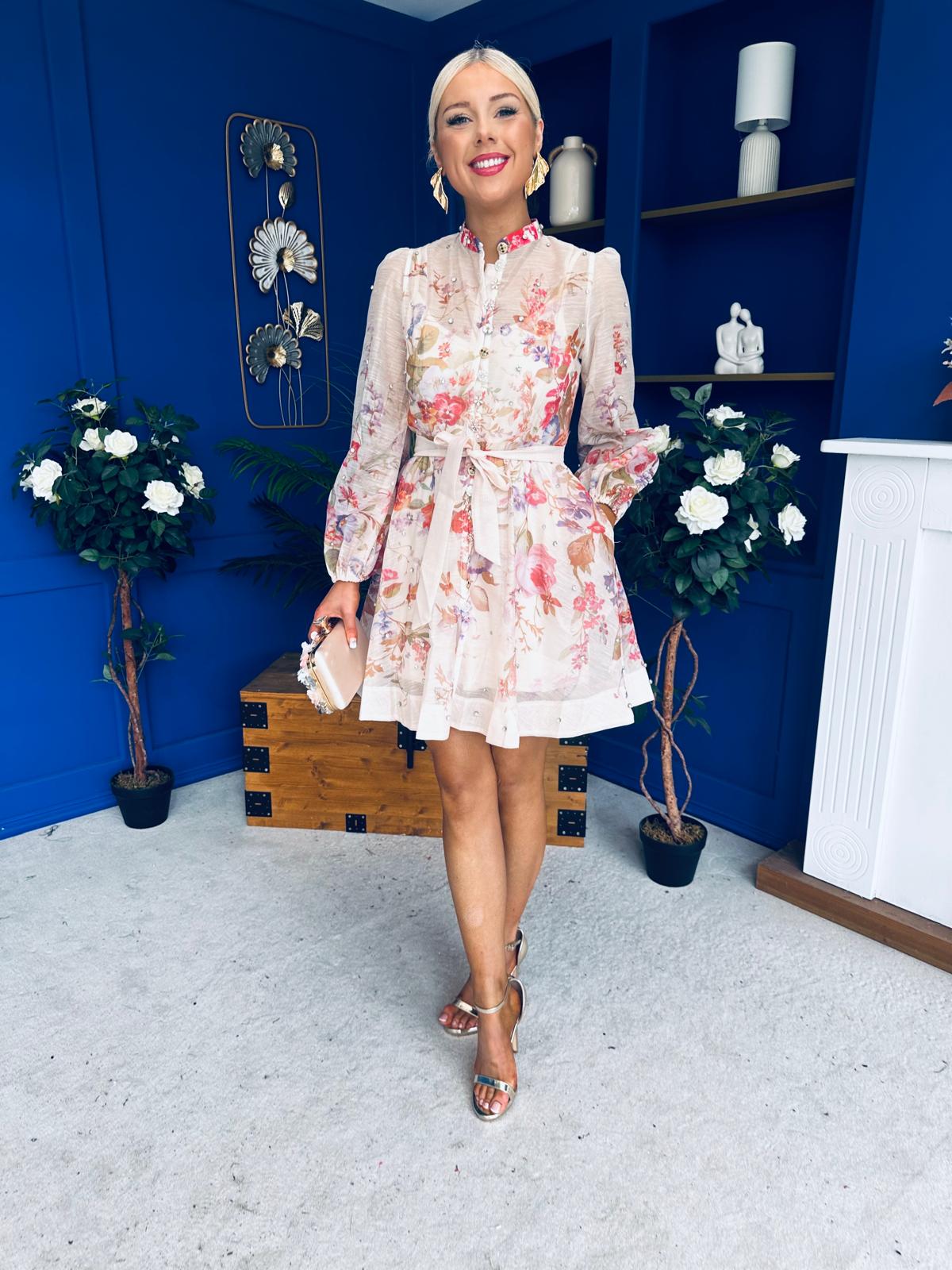 Leslie Embellished Mini Dress Floral Peach