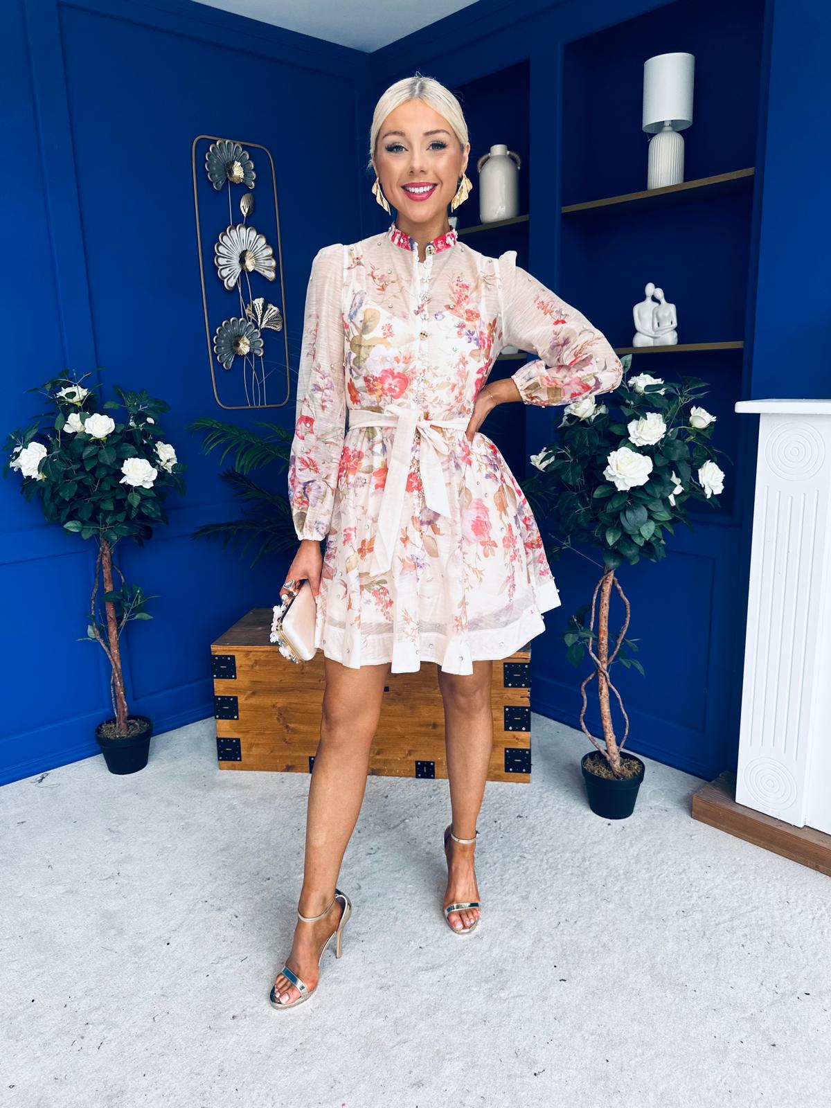 Leslie Embellished Mini Dress Floral Peach