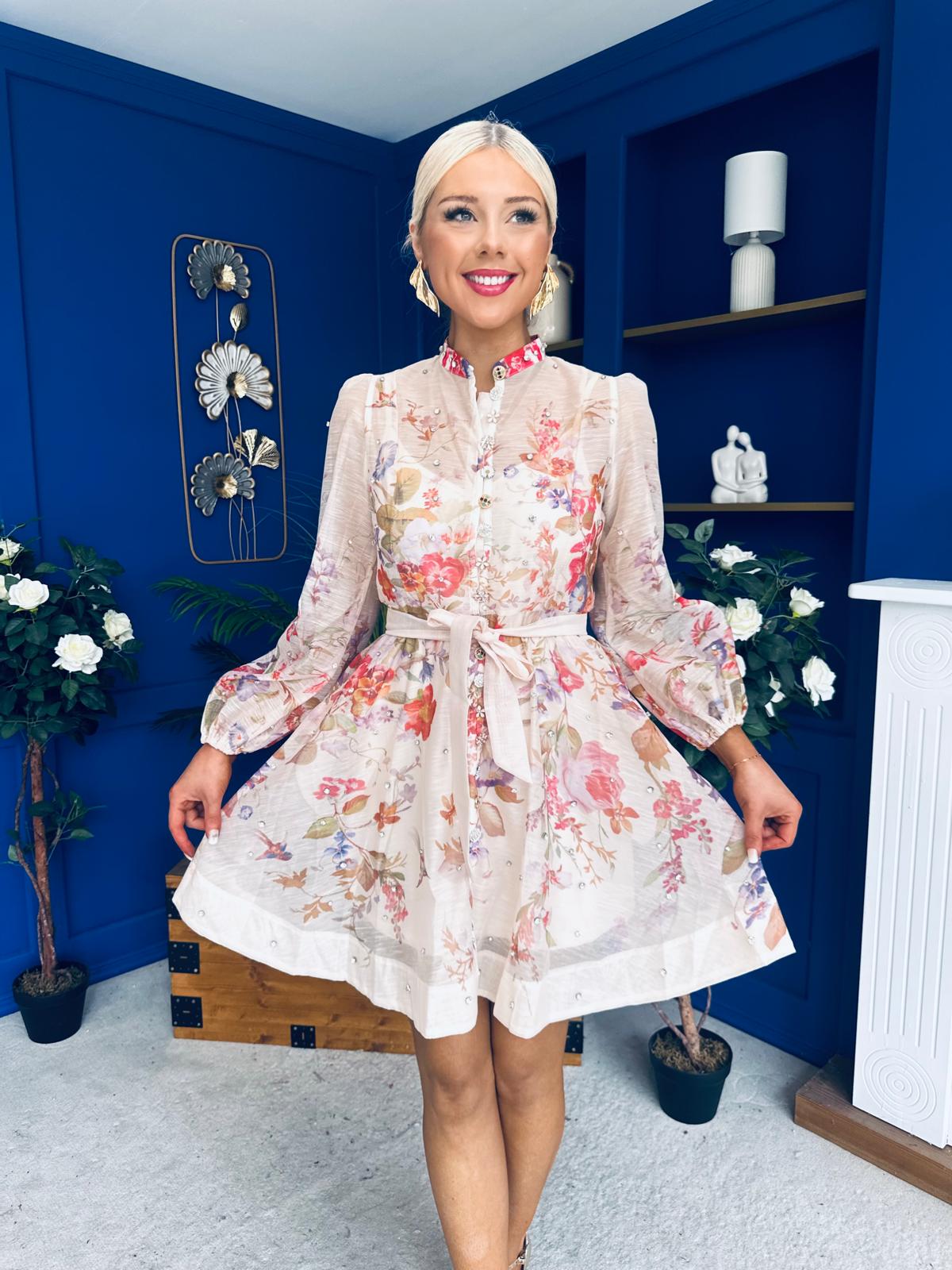 Leslie Embellished Mini Dress Floral Peach