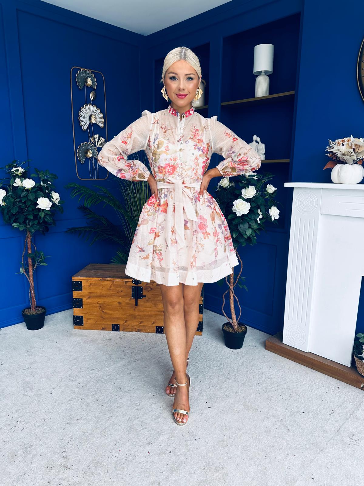 Leslie Embellished Mini Dress Floral Peach