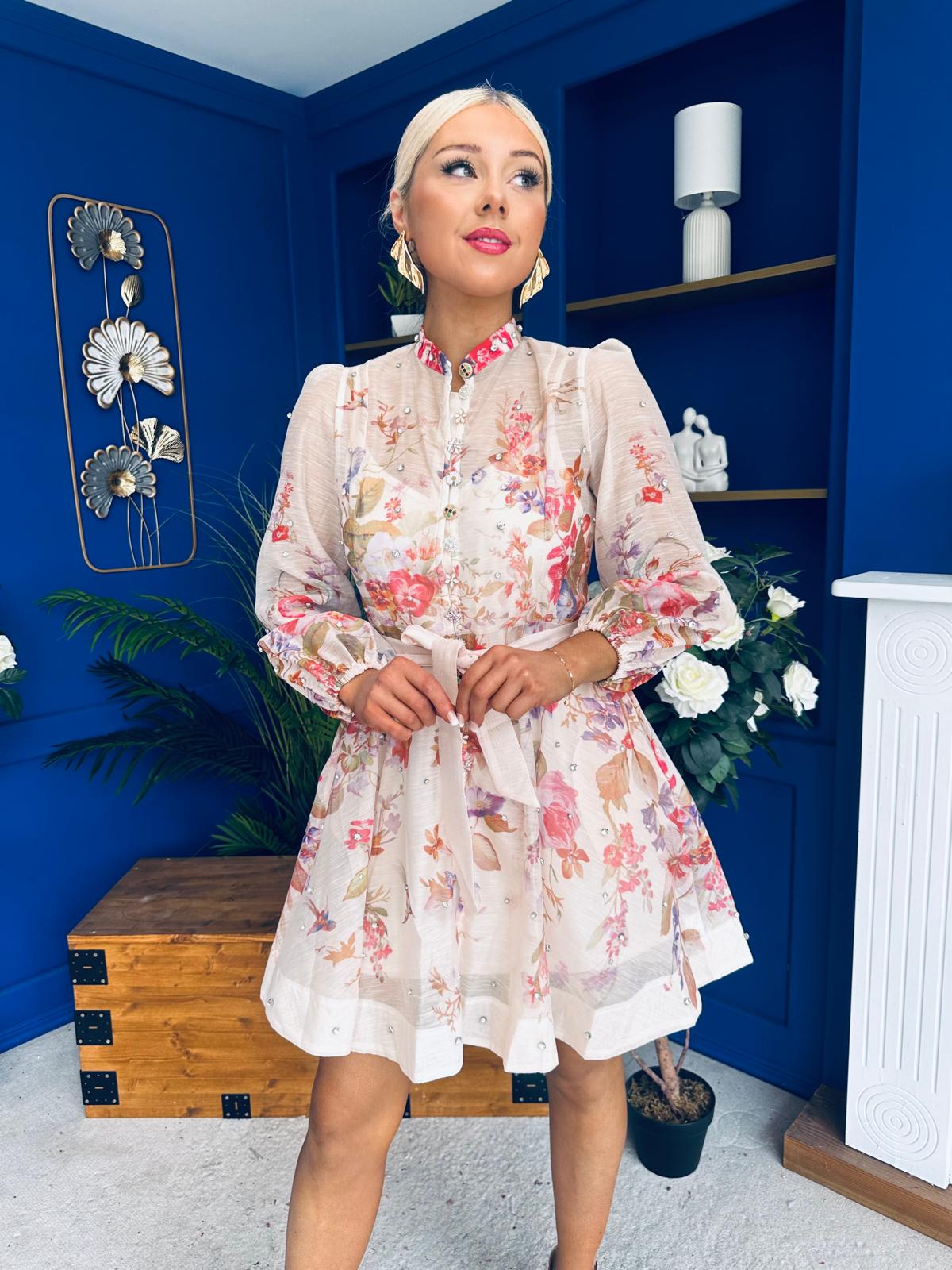 Leslie Embellished Mini Dress Floral Peach