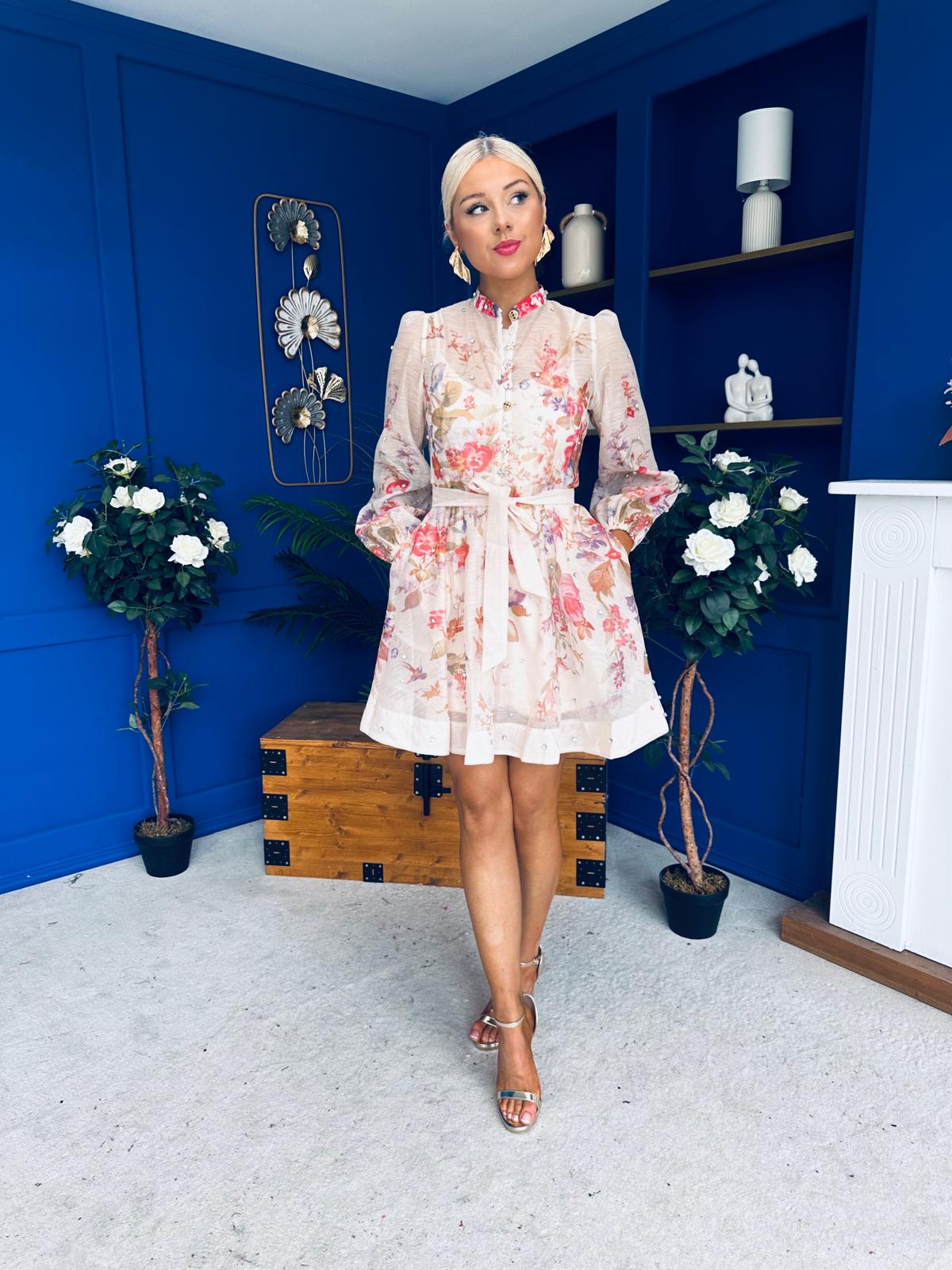 Leslie Embellished Mini Dress Floral Peach