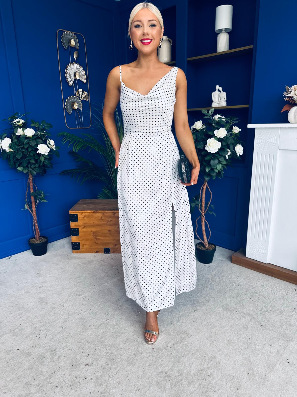 Senna Asymmetric Double Cowl Maxi Dress Polka White