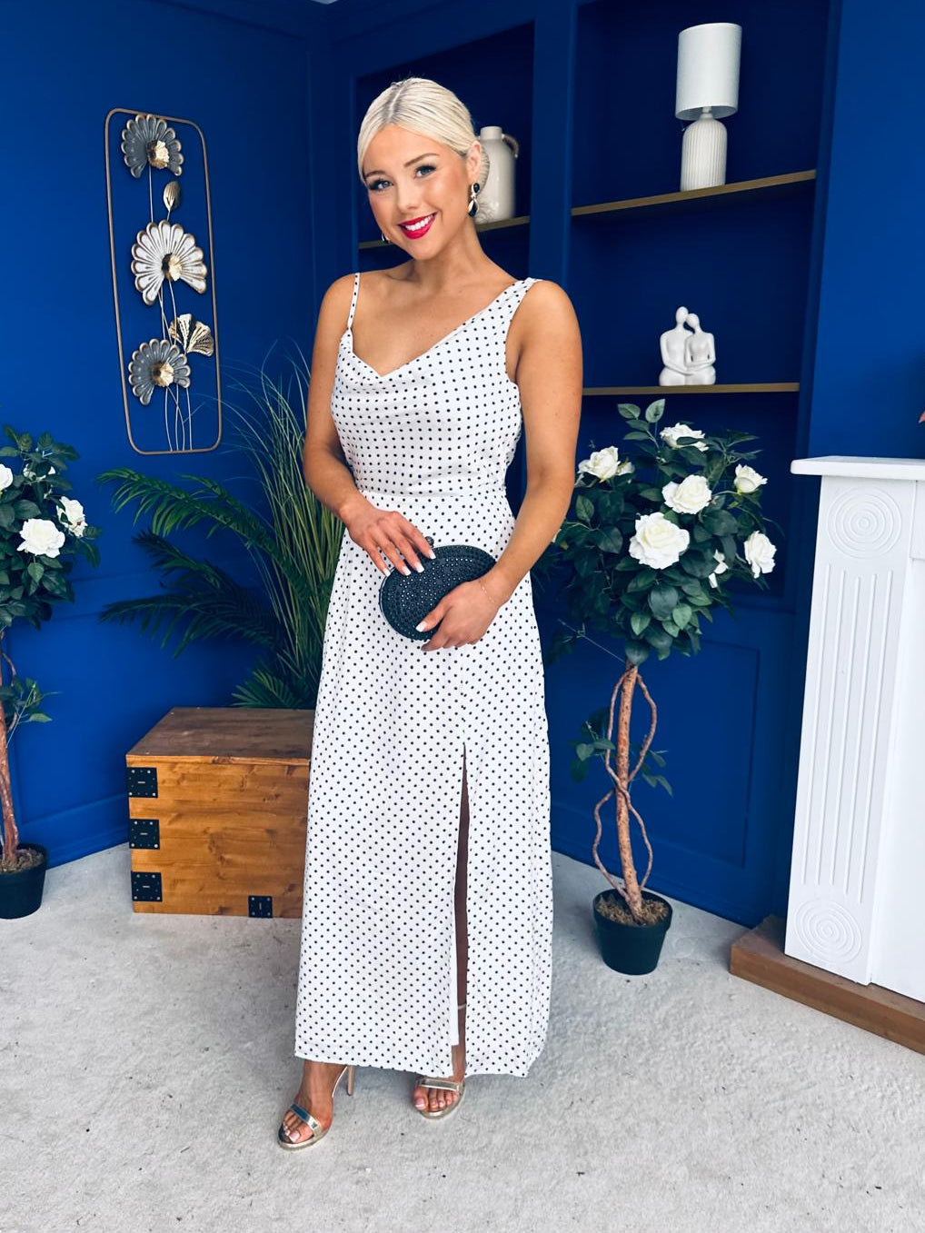 Senna Asymmetric Double Cowl Maxi Dress Polka White