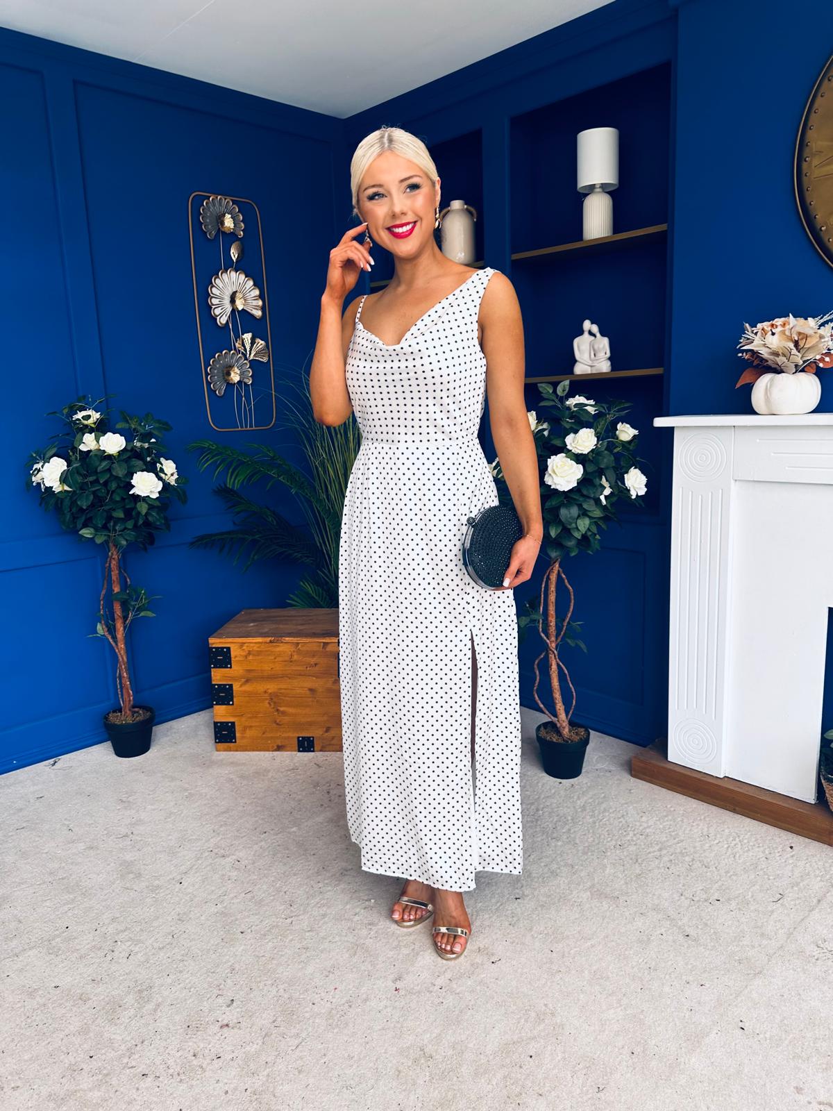Senna Asymmetric Double Cowl Maxi Dress Polka White