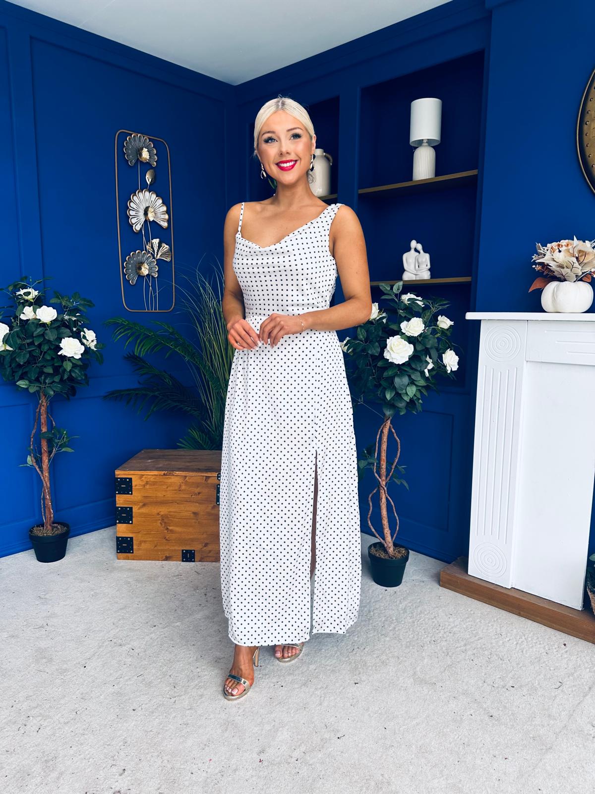 Senna Asymmetric Double Cowl Maxi Dress Polka White