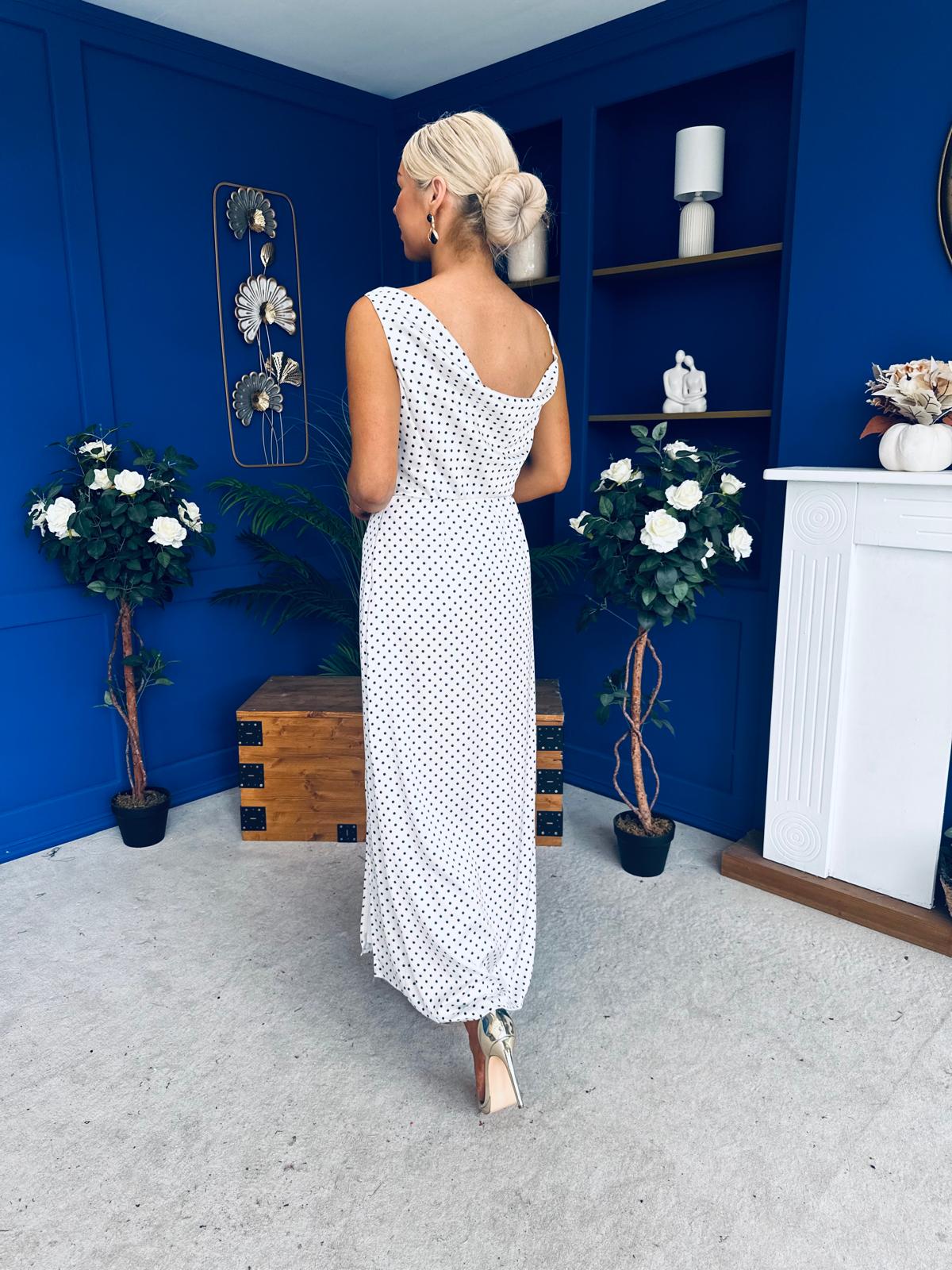 Senna Asymmetric Double Cowl Maxi Dress Polka White