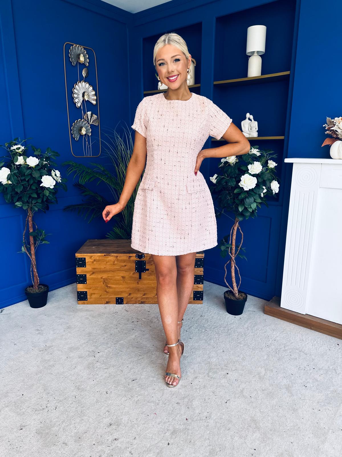 Babett Short Sleeve Tweed Mini Dress Pink