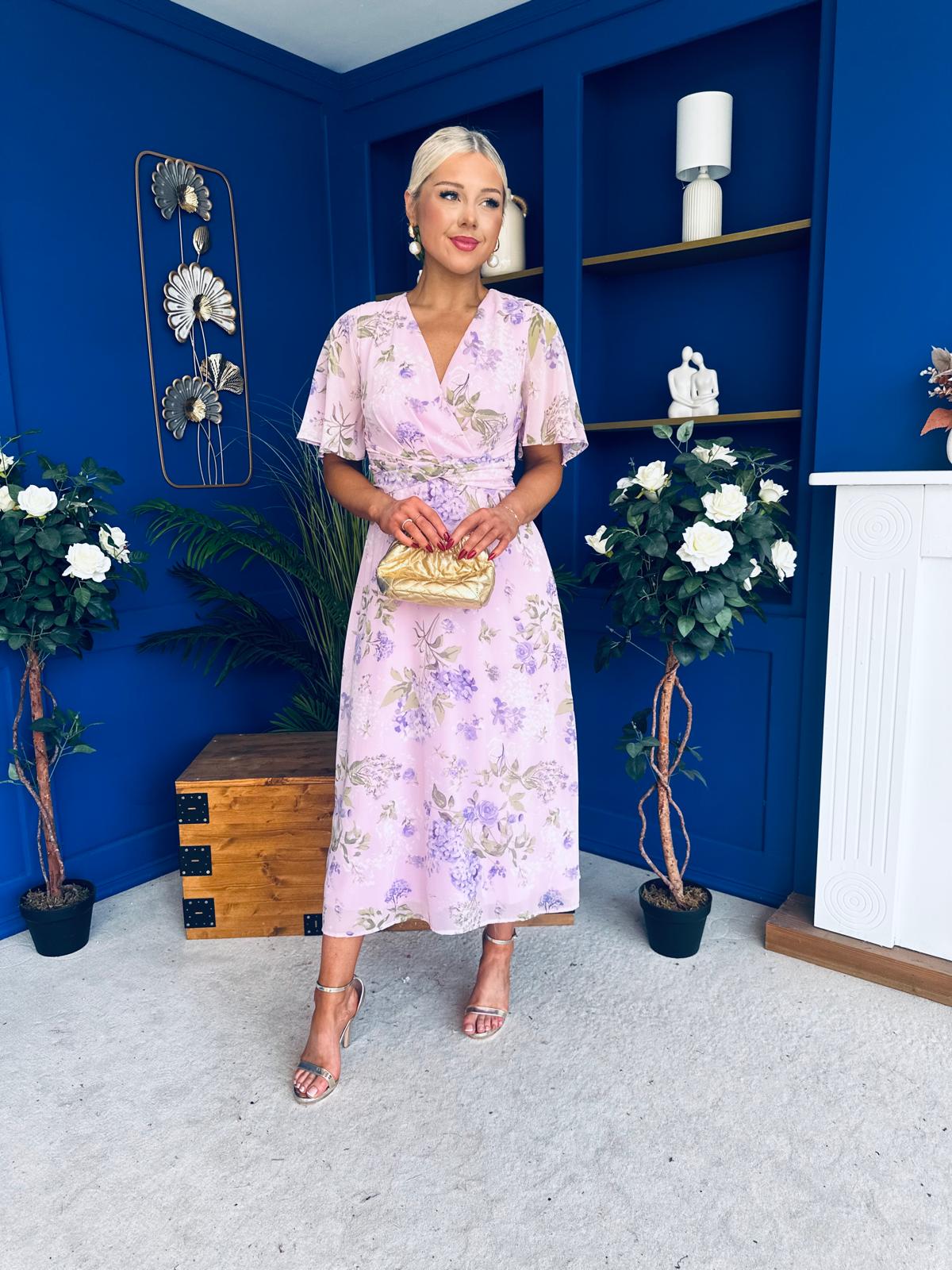 Daisy Wrap Neck Twist Detail Midi Dress Lilac