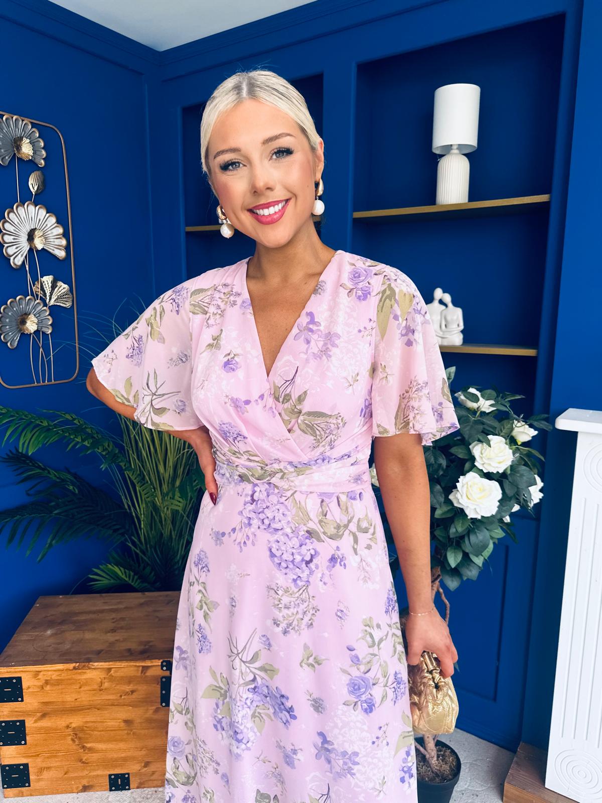 Daisy Wrap Neck Twist Detail Midi Dress Lilac