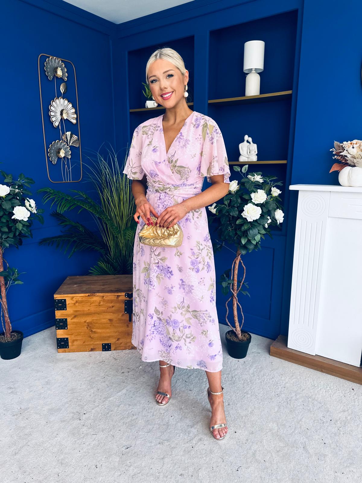 Daisy Wrap Neck Twist Detail Midi Dress Lilac