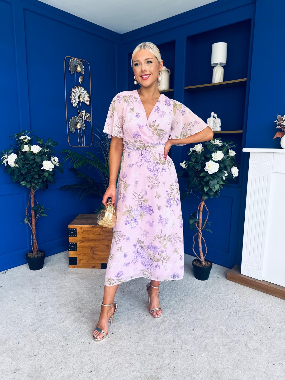 Daisy Wrap Neck Twist Detail Midi Dress Lilac