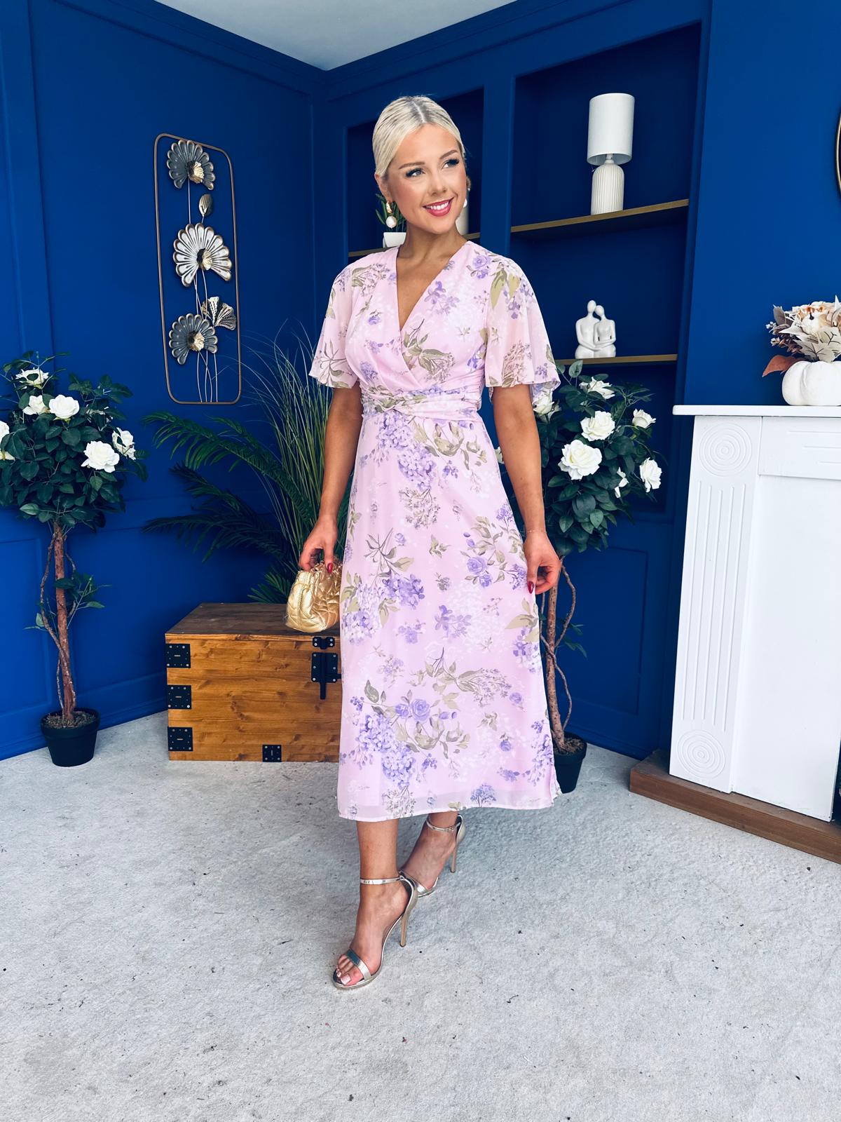 Daisy Wrap Neck Twist Detail Midi Dress Lilac