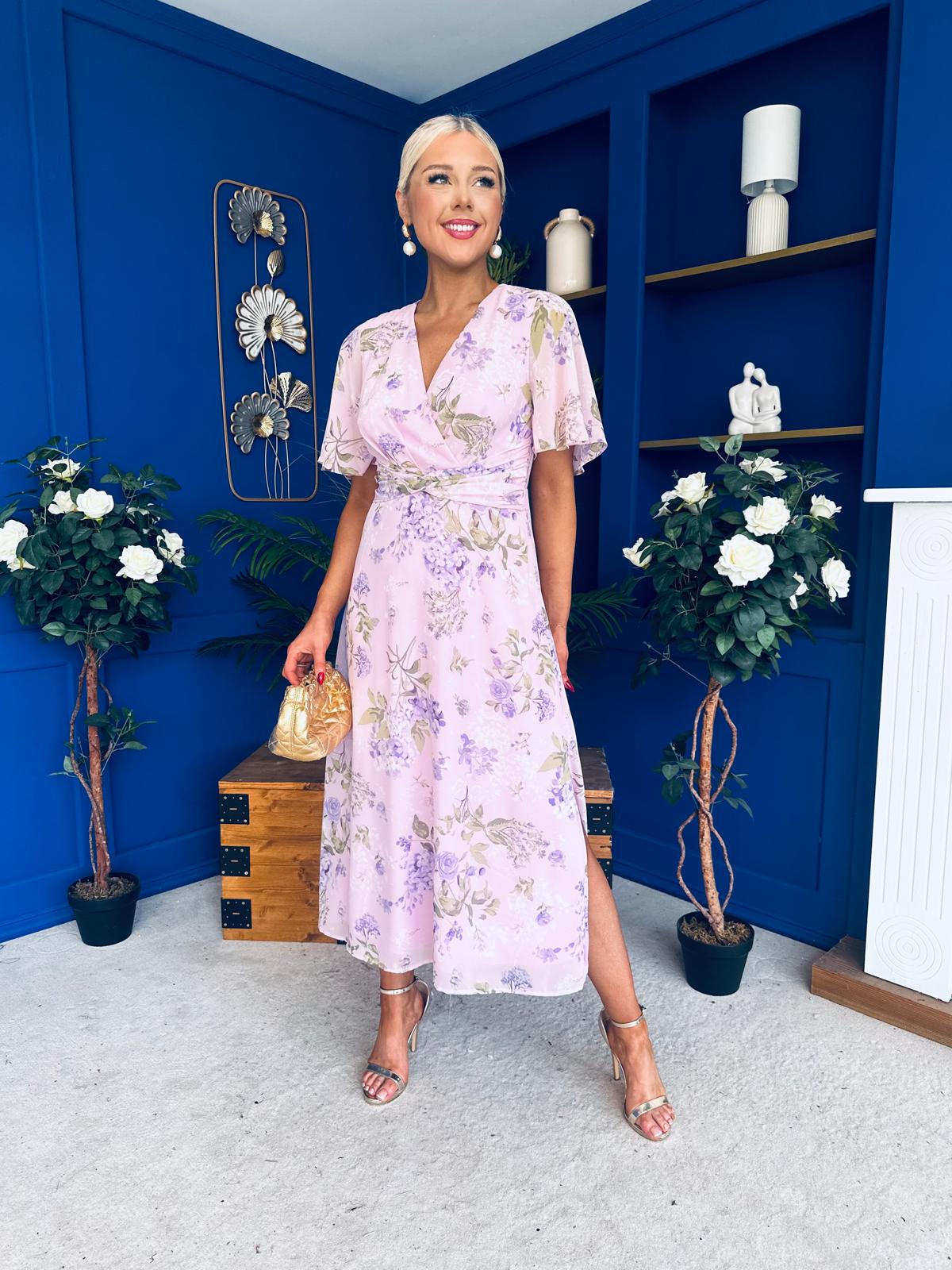 Daisy Wrap Neck Twist Detail Midi Dress Lilac