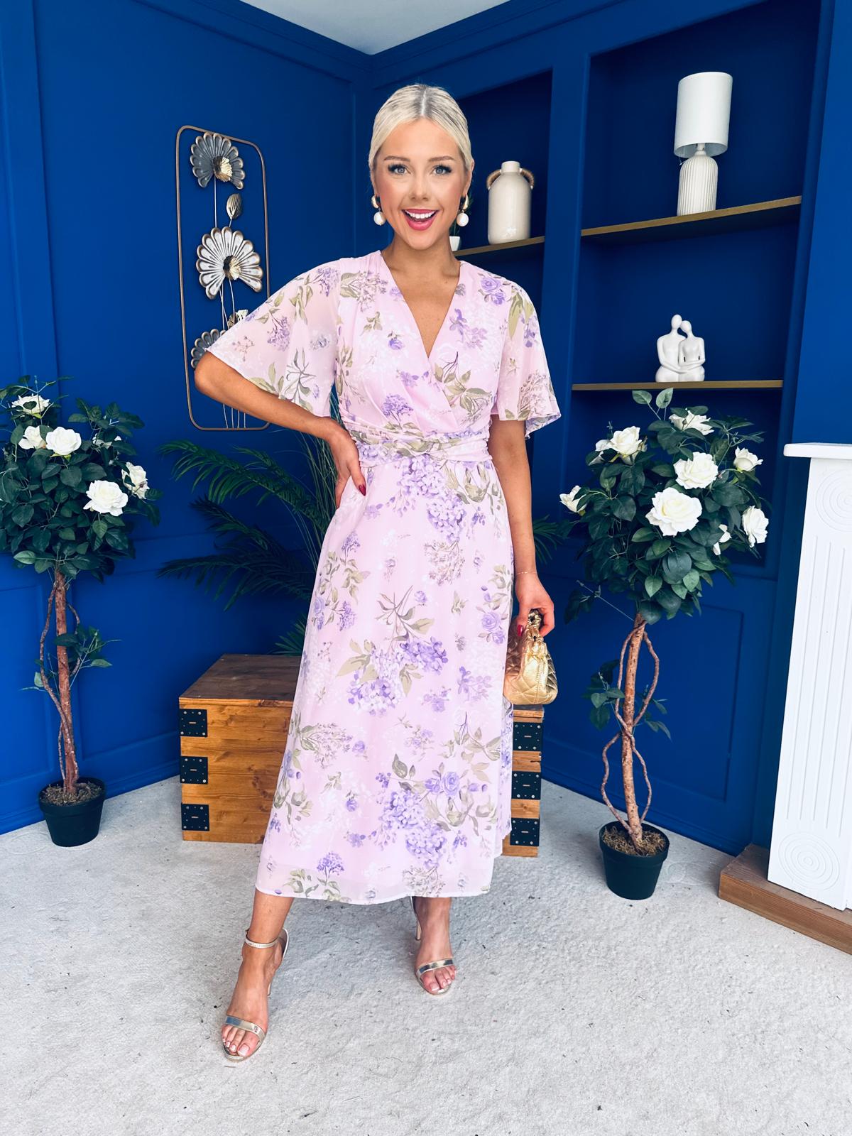 Daisy Wrap Neck Twist Detail Midi Dress Lilac