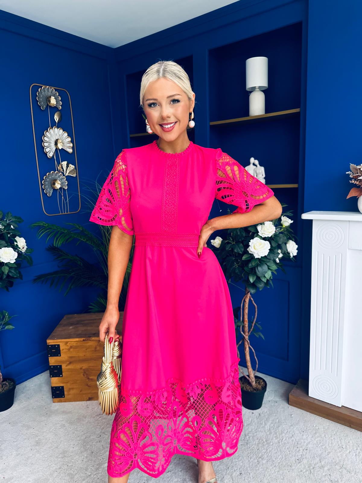 Grace Crochet Detail Occasion Dress Fuchsia