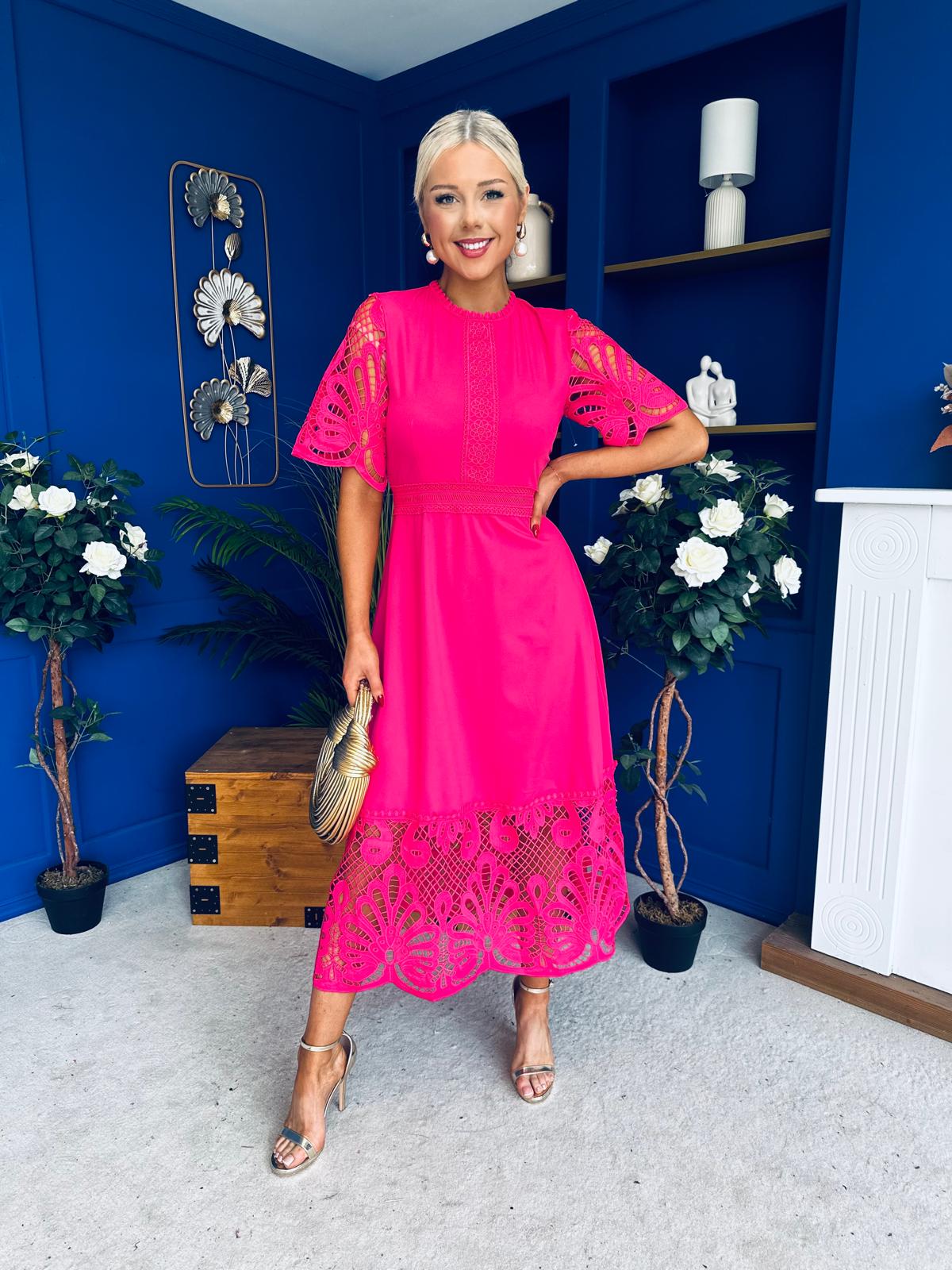 Grace Crochet Detail Occasion Dress Fuchsia
