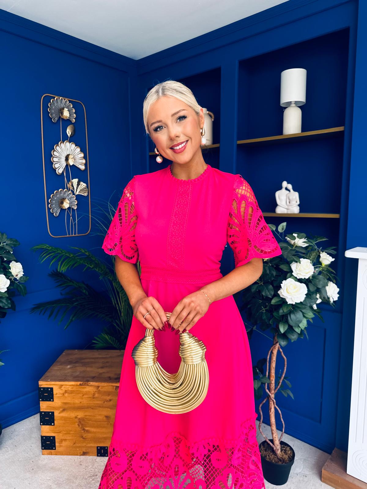 Grace Crochet Detail Occasion Dress Fuchsia