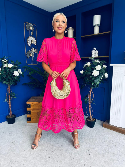Grace Crochet Detail Occasion Dress Fuchsia