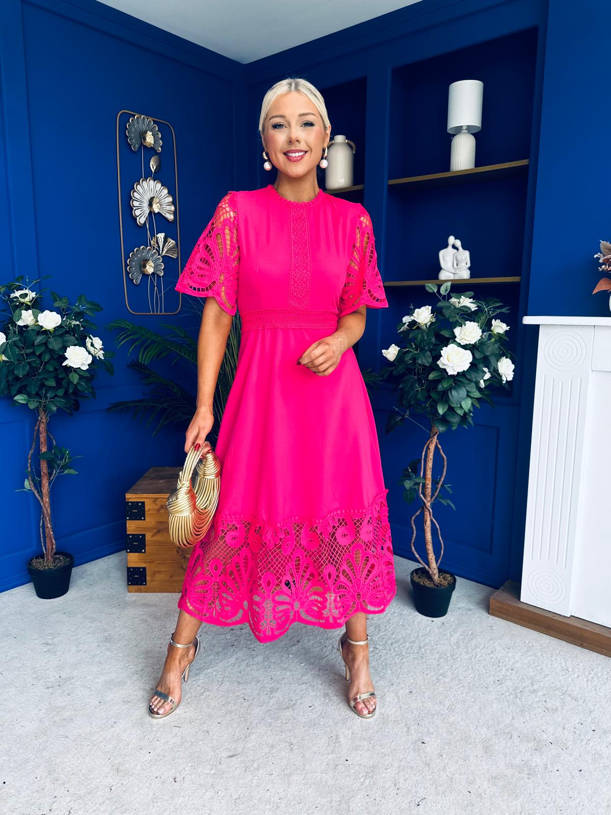 Grace Crochet Detail Occasion Dress Fuchsia