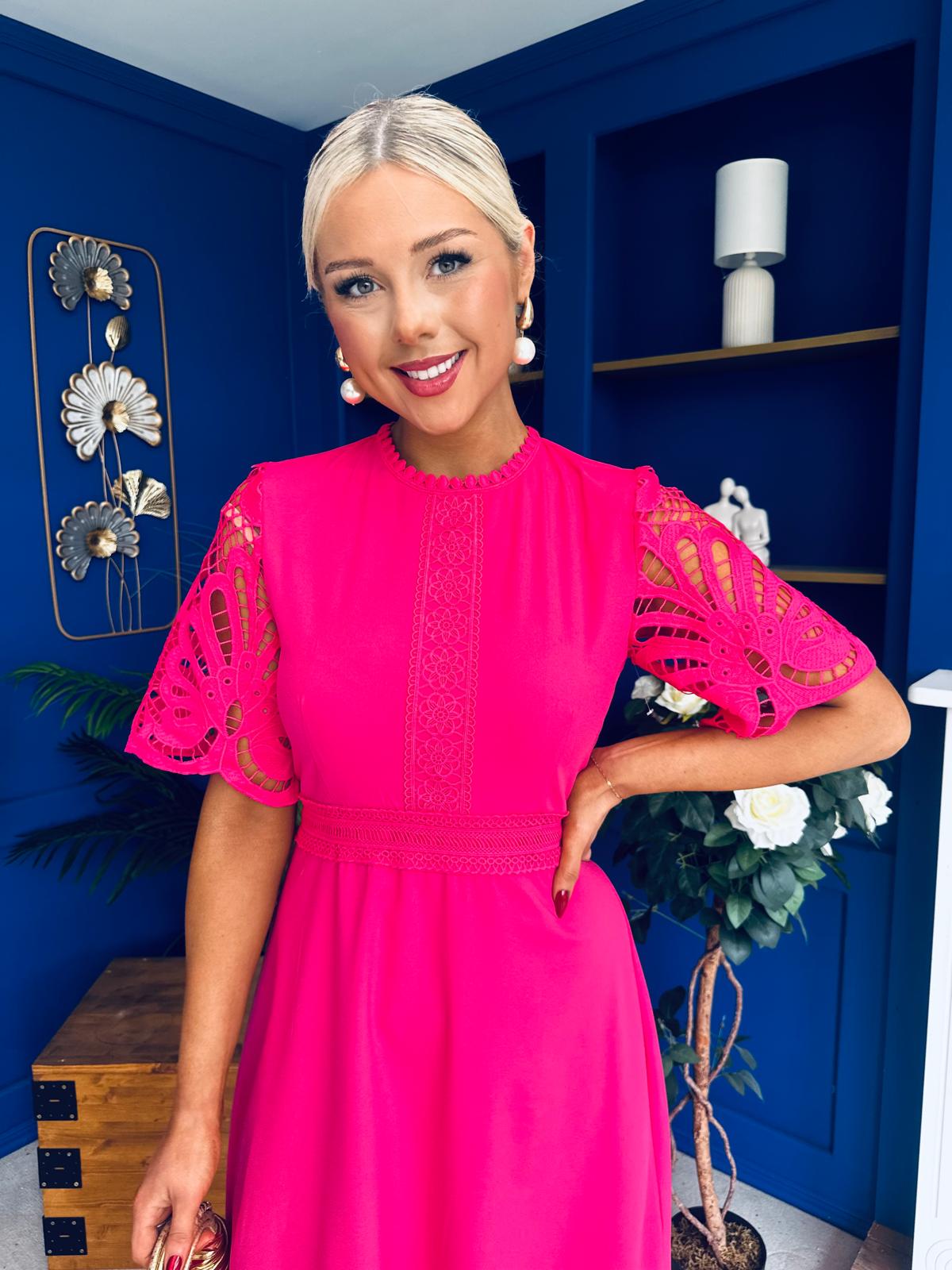 Grace Crochet Detail Occasion Dress Fuchsia