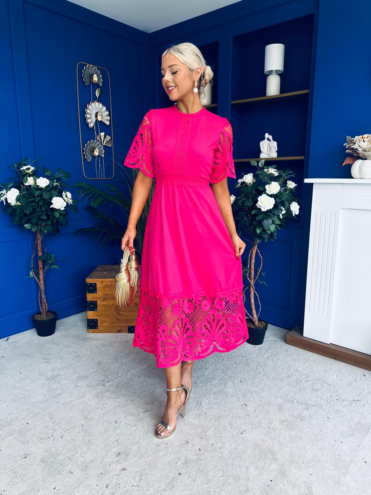 Grace Crochet Detail Occasion Dress Fuchsia