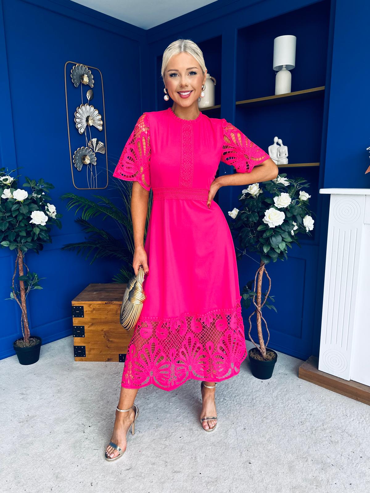 Grace Crochet Detail Occasion Dress Fuchsia