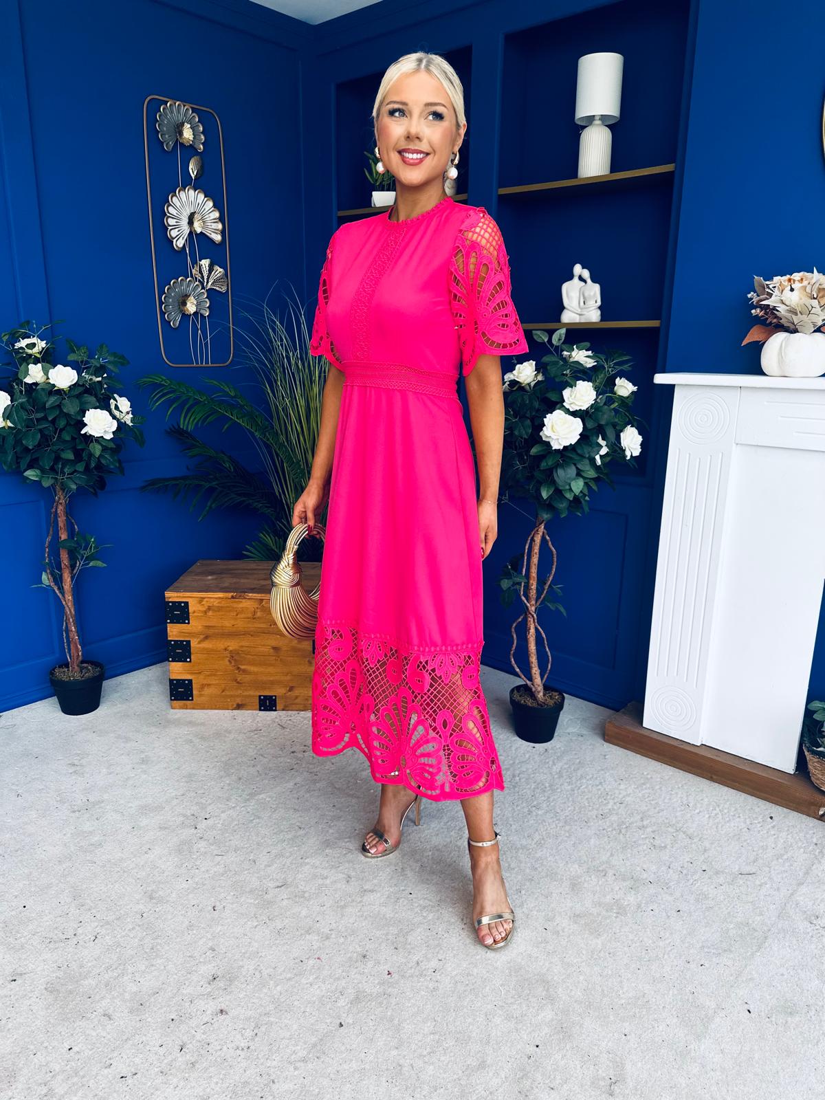 Grace Crochet Detail Occasion Dress Fuchsia