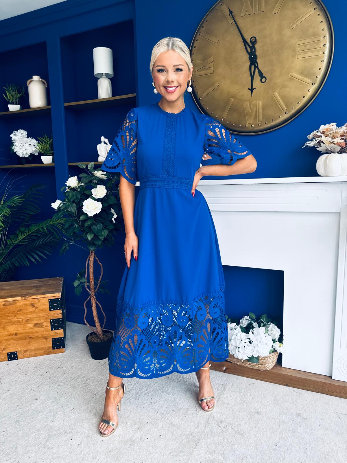 Grace Crochet Detail Occasion Dress Cobalt
