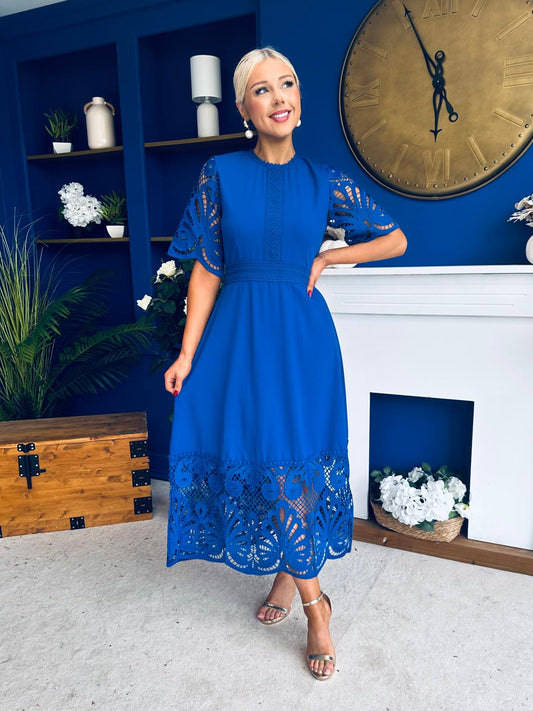 Grace Crochet Detail Occasion Dress Cobalt
