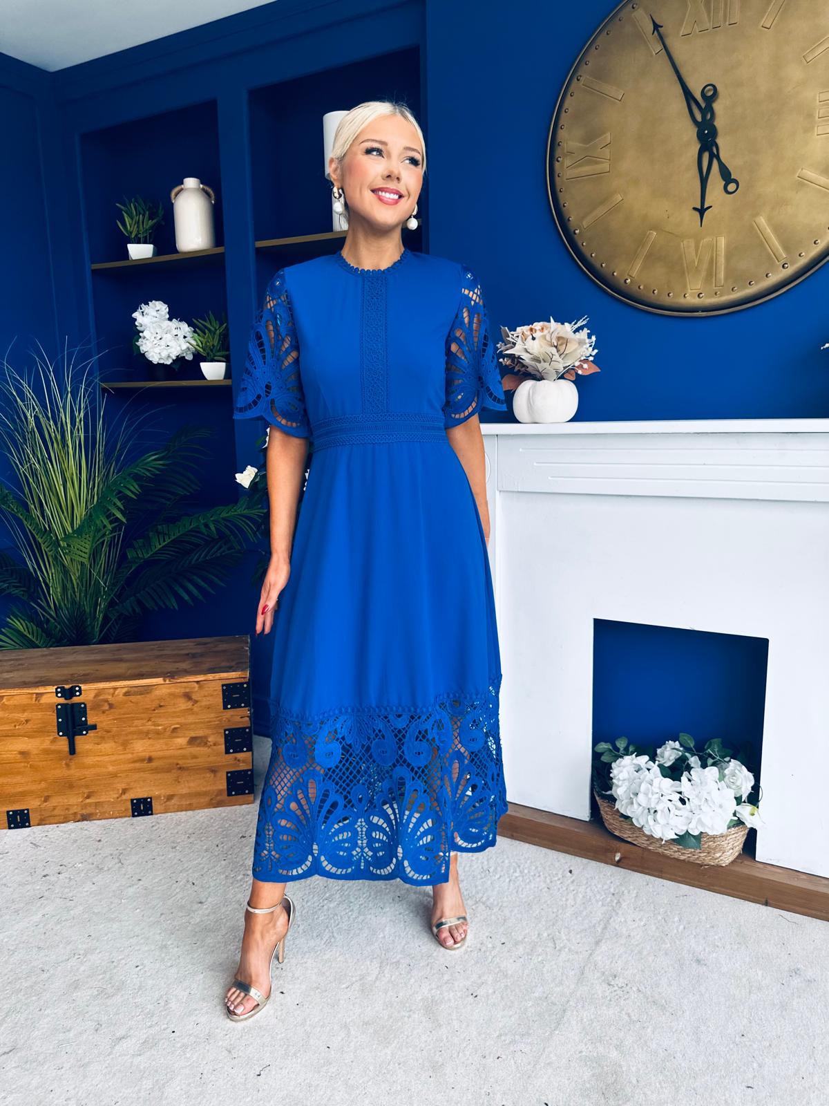 Grace Crochet Detail Occasion Dress Cobalt