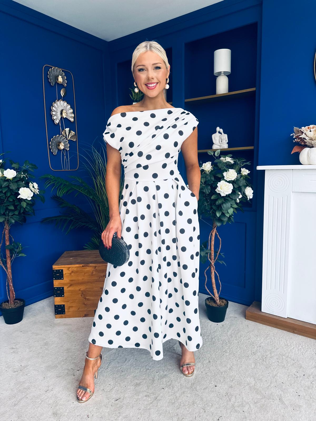 Breffy Asymmetric Neckline Skater Midi Polka White