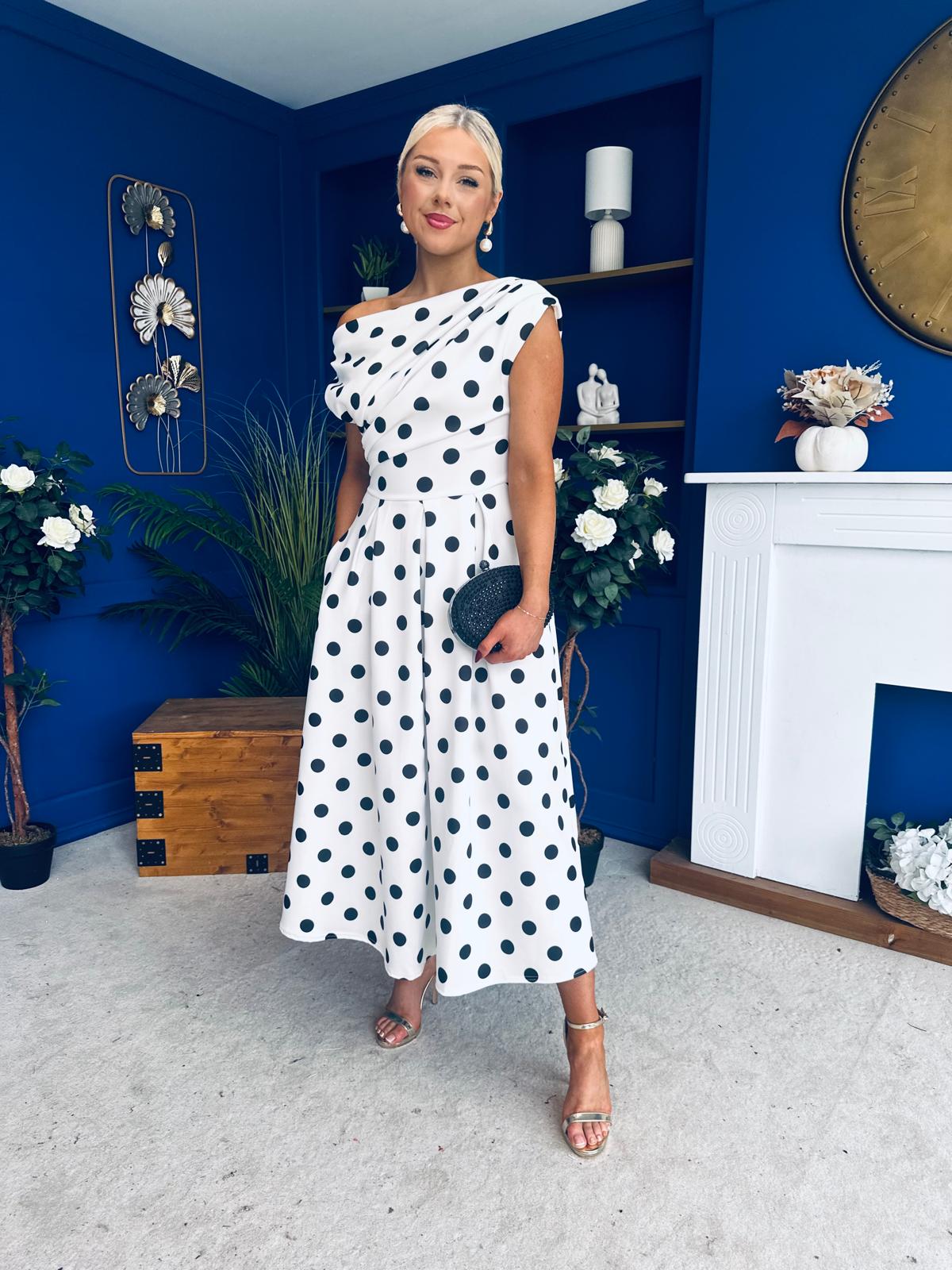 Breffy Asymmetric Neckline Skater Midi Polka White