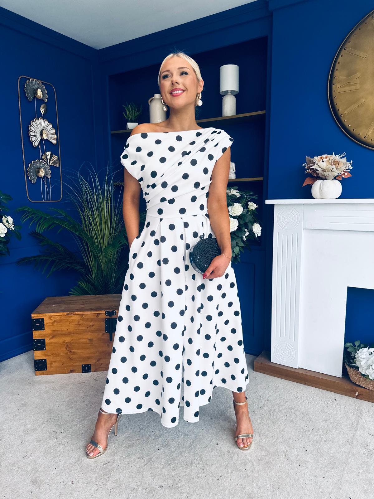 Breffy Asymmetric Neckline Skater Midi Polka White