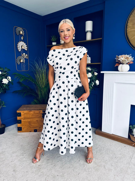 Breffy Asymmetric Neckline Skater Midi Polka White