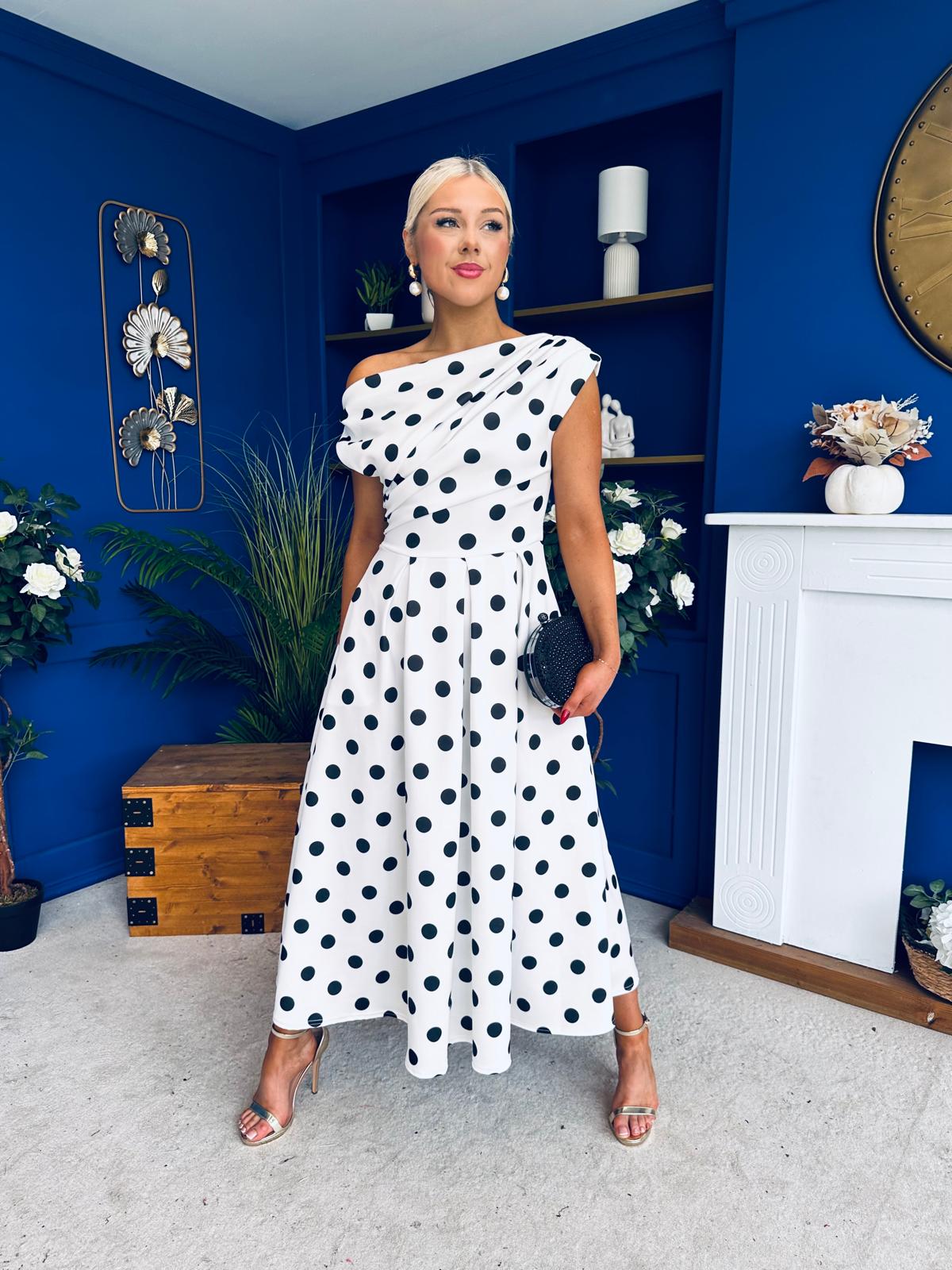 Breffy Asymmetric Neckline Skater Midi Polka White