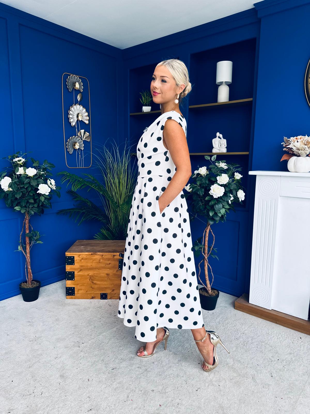 Breffy Asymmetric Neckline Skater Midi Polka White