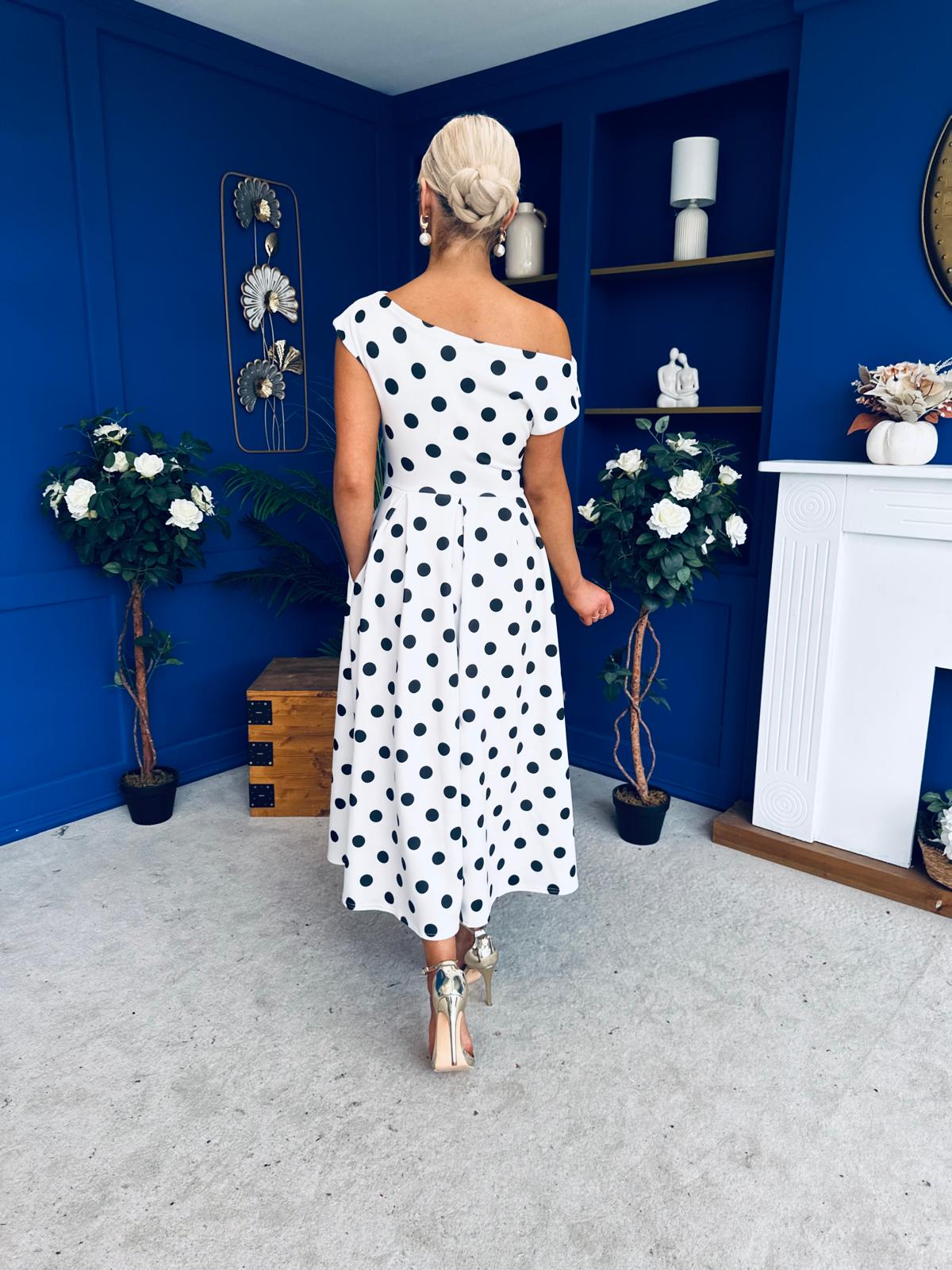 Breffy Asymmetric Neckline Skater Midi Polka White