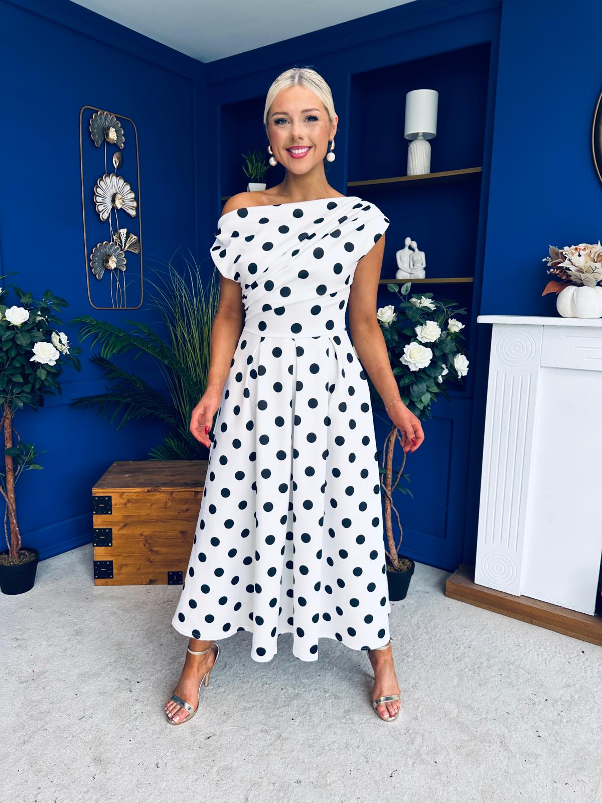 Breffy Asymmetric Neckline Skater Midi Polka White